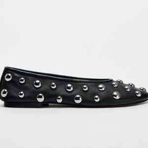 Zara Like New Black Leather Flats with Silver Studs Size 37
